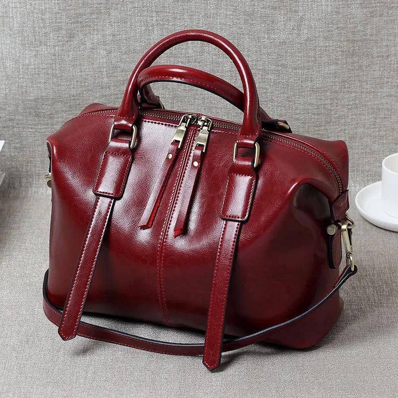 Retro Handheld Oil-Waxed Cowhide Leather Women's Boston Bag Large Capacity Trendy Women Shoulder Crossbody Bag Spacious Tote - The Totez