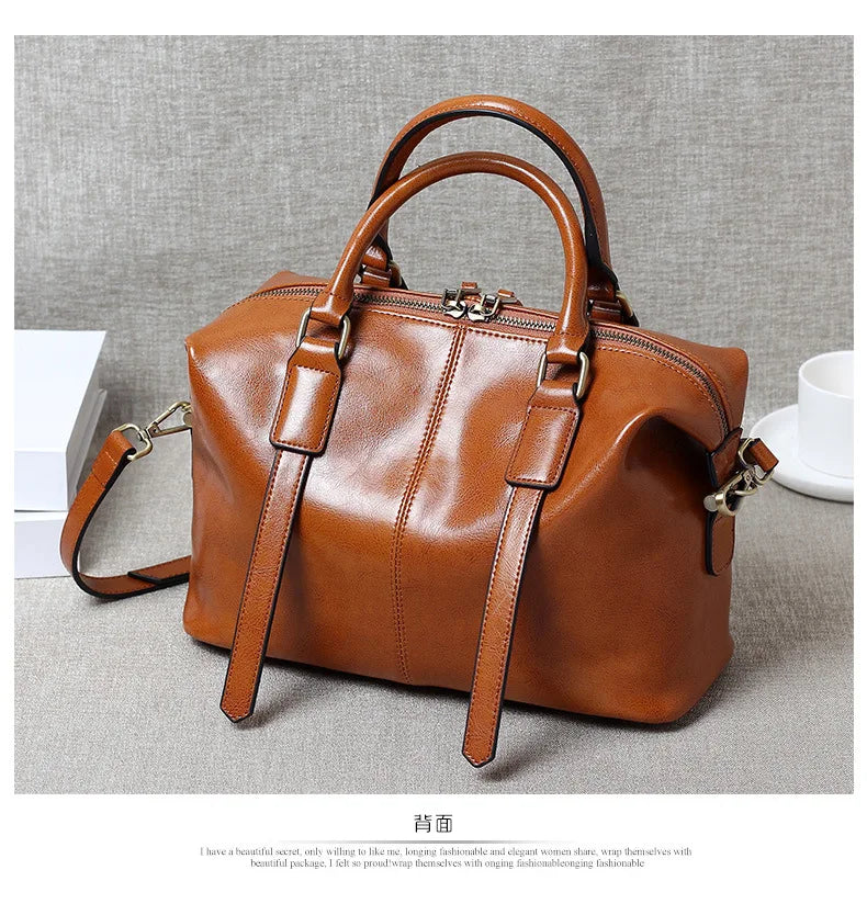 Retro Handheld Oil-Waxed Cowhide Leather Women's Boston Bag Large Capacity Trendy Women Shoulder Crossbody Bag Spacious Tote - The Totez
