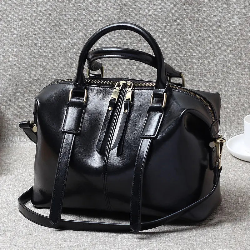 Retro Handheld Oil-Waxed Cowhide Leather Women's Boston Bag Large Capacity Trendy Women Shoulder Crossbody Bag Spacious Tote - The Totez